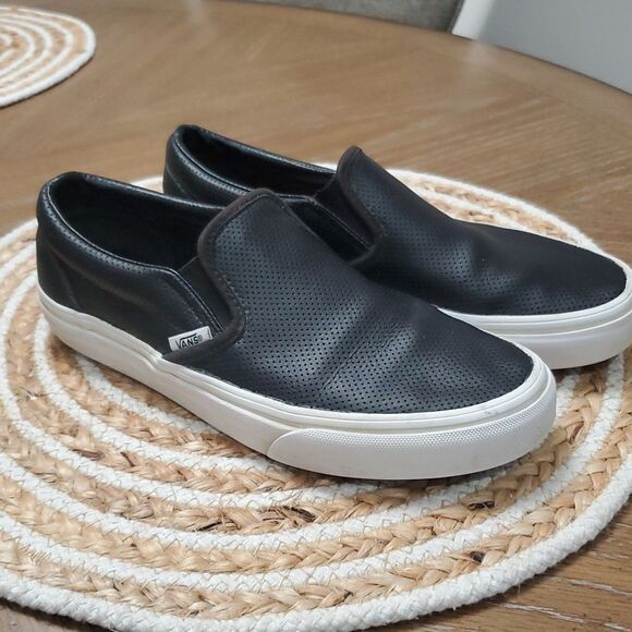 Vans Shoes - Vans Black Leather Unisex Loafers, 7W/5.5M